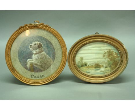 A SILKWORK PORTRAIT of a terrier, Caesar, and a silkwork picture of a landscape Caesar dia 8.5" (21.5 cms)