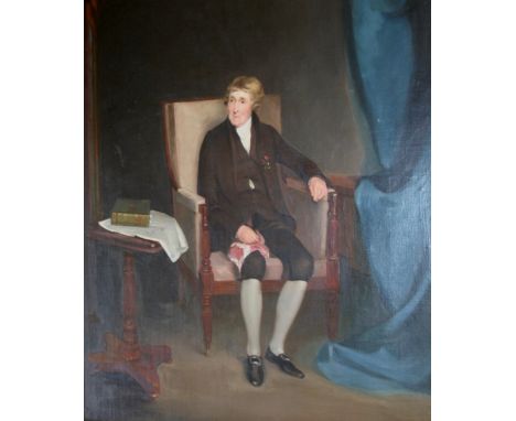 FOLLOWER OF SIR MARTIN ARCHER SHEE, PRA (1769-1850) PORTRAIT OF THOMAS SPARKES (b.1744) Seated full length in an interior, we