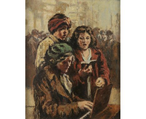 William Conor RHA PRUA OBE (1881-1968)The Street MeetingOil on canvas, 50 x 40cm (19¾ x 15¾'')SignedProvenance: 'The Brian Mc