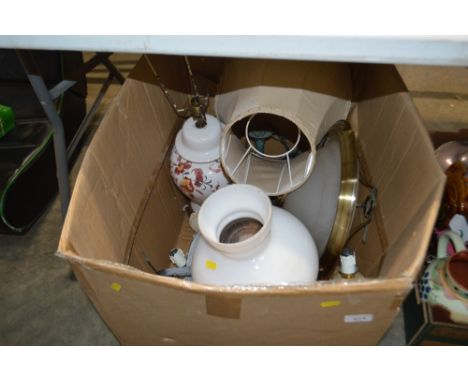 A box containing various table lamps and light fittings