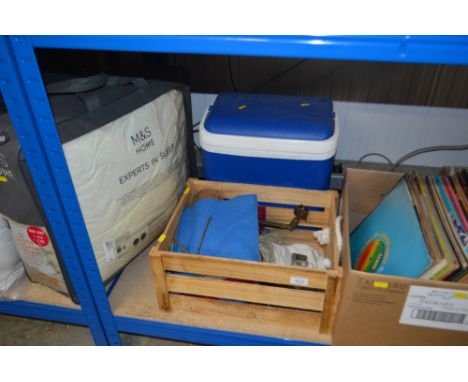 A cool box; together with a wooden crate of light fittings etc.