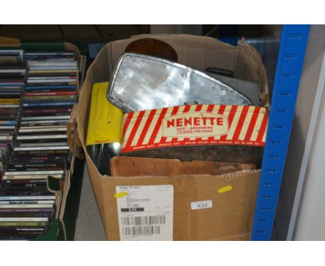 A box containing a oak tea caddy; a stone box; various tins etc