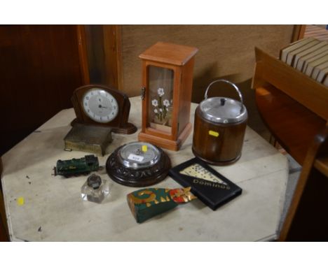 A mantle clock; together with a jewellery stand; oak biscuit barrel; oak circular cased barometer; a set of dominoes; ink wel