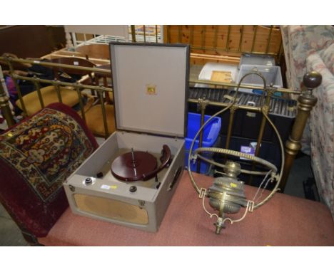 An His Master Voice gramophone - sold as collector's item; together with a brass hanging oil lamp