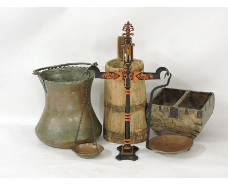 A set of iron beam scales, 77cm high, a coopered tub, an iron bound box, and a copper bucket