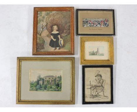 A 19th century naive portrait of a young girl, watercolour, a stevengraph 'Death of Nelson', and four further pictures