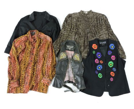 Vintage clothing, including a Bill Gibb leather waistcoat, a Valentino blouse, etc