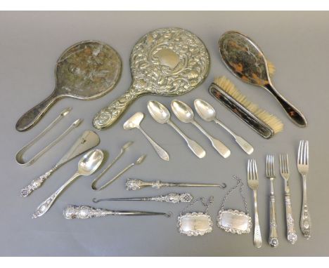 Silver items, to include cutlery, three button hooks, two wine labels, two dressing mirrors, etc