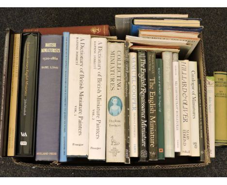 A box of art history and miniature painting reference books, including Daphne Foskett 'Dictionary of British Miniature Painte