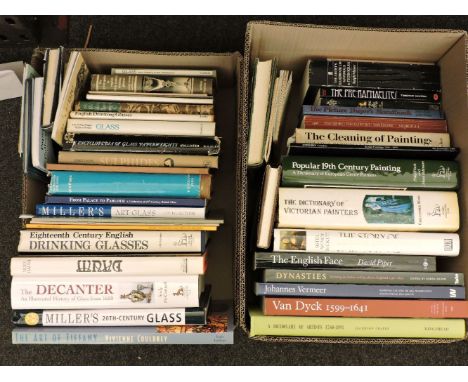 Three boxes of antiques and art reference books, to an illustrated history of the decanter, and others