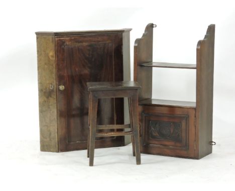 A walnut hanging shelf, a stool, and a corner cupboard