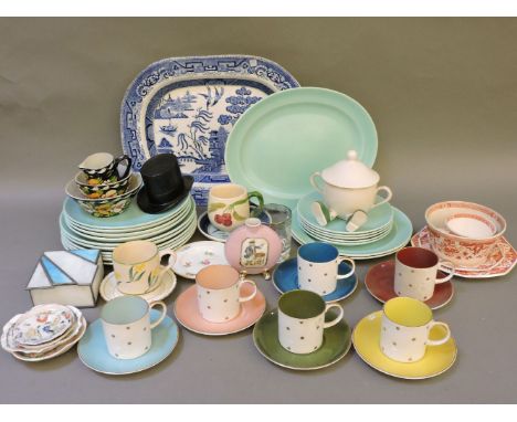 A quantity of decorative china, to include a blue and white meat plate, jelly moulds, a Susie Cooper set of coffee cups and s