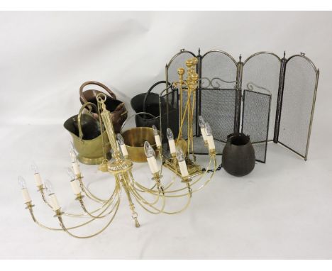 A brass hanging electrolier, coal scuttles, fire tools, etc