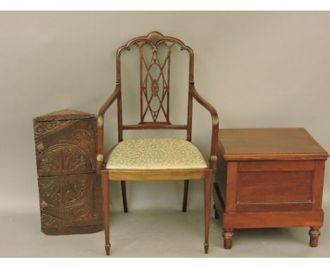 A Victorian mahogany commode, an antique oak corner cupboard, and an Edwardian bedroom chair