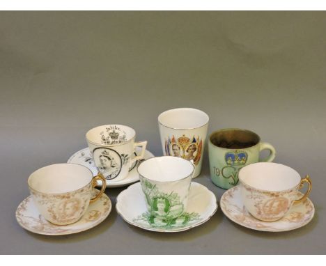 A Queen Victoria Jubilee 1837-1887 cup and saucer, a 'Longton'? coronation cup and saucer, two Belleek cups and saucers, and 