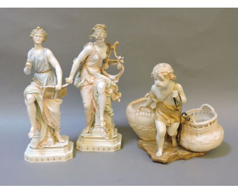 Ceramics, including a Royal Vienna Wahliss porcelain figure of a young boy pulling baskets, a pair of figures of Grecian wome