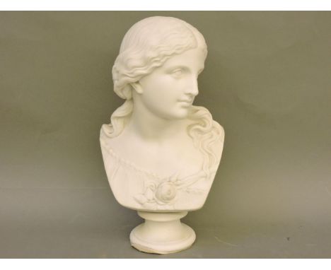 A Victorian Copeland parian ware type bust of a maiden, after 'R Monti', dated to the reverse 1871 and impressed Ceramic Crys