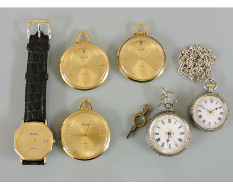 Three gold plated Imado Art Deco style open faced pocket watches, a gentleman's gold plated Bulova quartz watch, and two silv