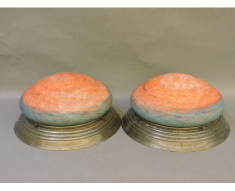 A pair of Art Deco style glass and brass ceiling lights