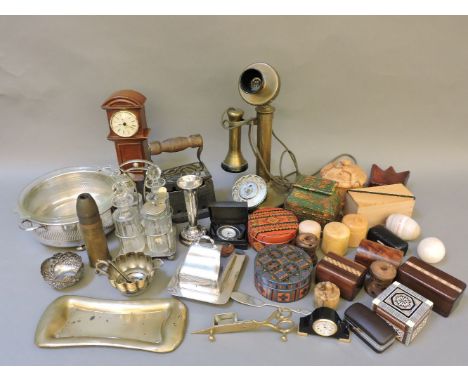 Miscellaneous items, including silver plate, turned wooden boxes, a Victorian flat iron, wooden clocks, candle stick, brass t