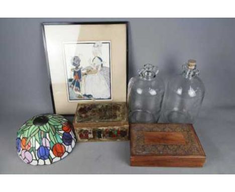 A mixed lot to include a wooden box with hand painted decoration and inset glass panels, 12 cm x 24 cm x 15 cm, a carved wood