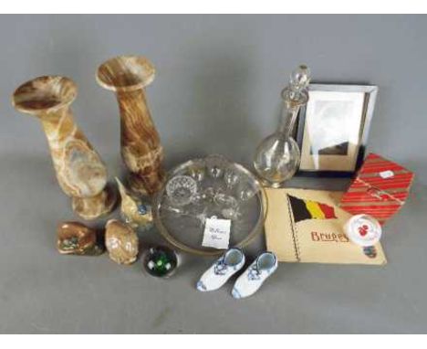 A mixed lot to include decanter and glasses, onyx vases, paperweights, Napoleon print, vintage album containing images of Bru