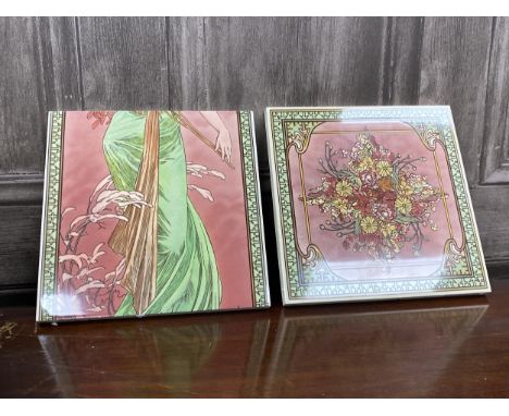 SET OF TEN CERAMIC TILES, the reverse marked 'Stovax, Made in England', along with two wall plaques