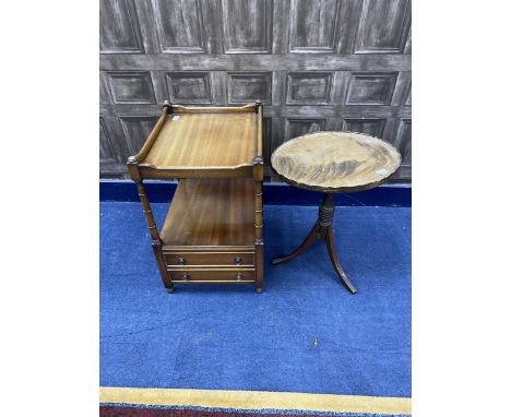 MAHOGANY TWO TIER OCCASIONAL TABLE, with two drawers, 47cm long, 62cm high, along with an oval occasional table, on tripod su