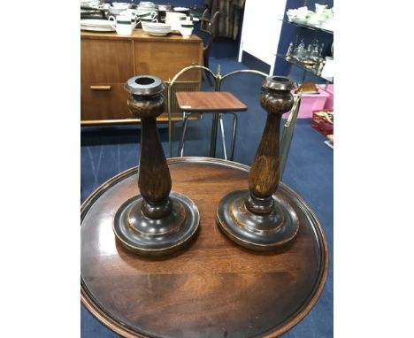 PAIR OF TURNED WOOD CANDLESTICKS, 27cm high, along with a bakelite sewing box, an autograph book, sewing bobbins, examples of