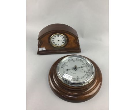EARLY 20TH CENTURY INLAID MANTEL CLOCK, with presentation plaque, 16cm high, along with a barometer, and two pairs of bookend