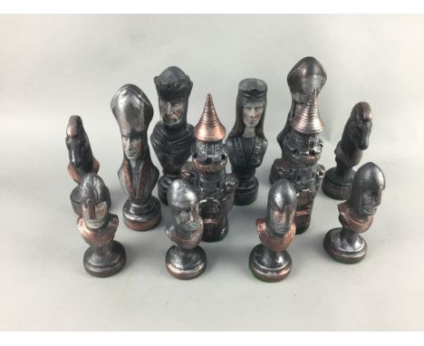 PAINTED PLASTER CHESS SET, modelled as Medieval figures and towers, 11cm - 17cm