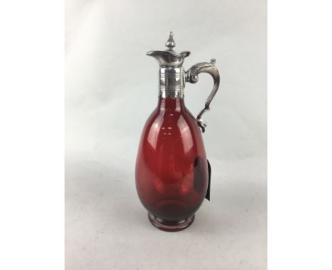 RUBY GLASS CLARET JUG, 25.5cm high, along with a Strathern glass bowl, Wedgwood glass panda and other glass ware