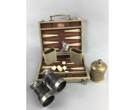 CASED TRAVEL BACKGAMMON SET, along with a pair of field glasses, a brass lidded jar and two books (5)