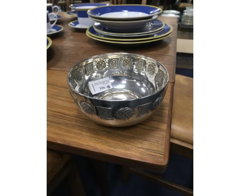 SILVER CIRCULAR BOWL, with embossed Celtic emblems, 13cm diameter