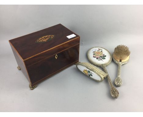 THREE PIECE DRESSING TABLE SET, along with a mahogany inlaid tea caddy (4)