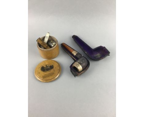 SMOKER'S PIPE, in fitted case, along with a Mauchline box, three whistles, a needlecase and a knife (7)