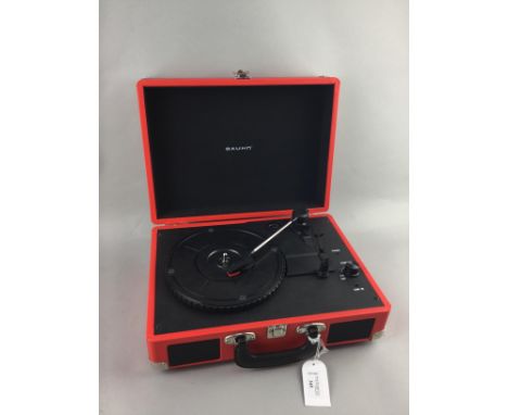 BAUHN PORTABLE RECORD PLAYER, in red case, 35cm wide