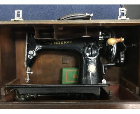 VINTAGE SINGER HAND SEWING MACHINE, with portable case, the case 55cm wide