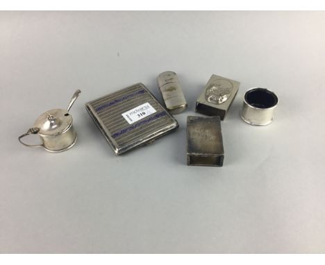 TWO SILVER CONDIMENT DISHES, with blue glass liners, along with a white metal cigarette case, two matchbox holders and a ligh