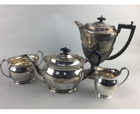 SILVER PLATED THREE PIECE TEA SERVICE, comprising a teapot, sugar and cream, along with a silver plated water jug