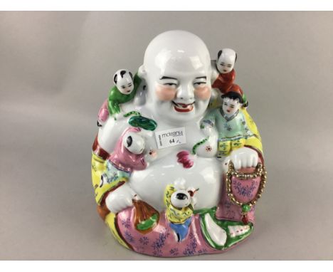 CHINESE CERAMIC FIGURE OF A BUDDHA, 26cm high, along with a hardstone brush wash