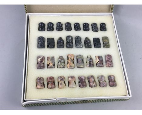 HARDSTONE MINIATURE CHESS SET, in original fitted box