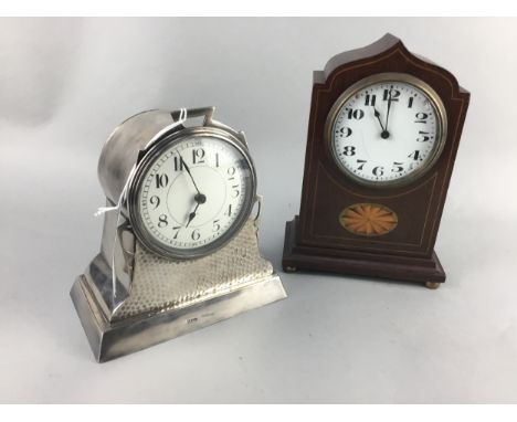 ART NOUVEAU BEATEN PEWTER MANTEL CLOCK, 17cm high, along with another mantel clock (2)