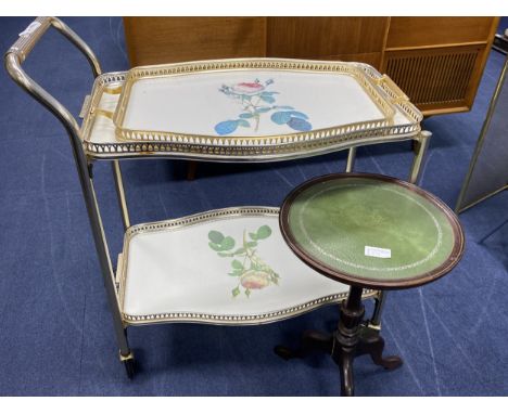 TUBULAR METAL TROLLEY, along with a similar serving tray and a mahogany wine table, on tripod supports (3)