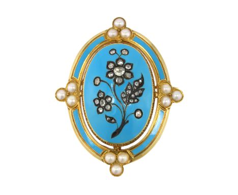 A DIAMOND AND PEARL FORGET-ME-NOT BROOCH, CIRCA 1870 designed as a large oval panel decorated with turquoise enamel and jewel