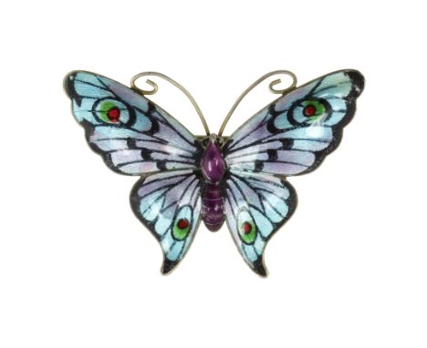 AN ENAMEL BUTTERFLY BROOCH, EARLY 20TH CENTURY designed as a butterfly, its body and wings decorated with varicoloured blue, 