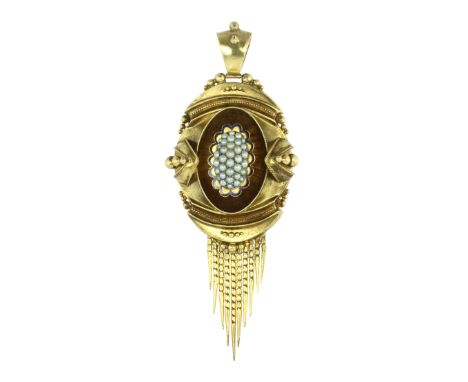 A PEARL AND ENAMEL MOURNING LOCKET, 19TH CENTURY the oval body in the Etruscan revival style, with sphere and wirework decora