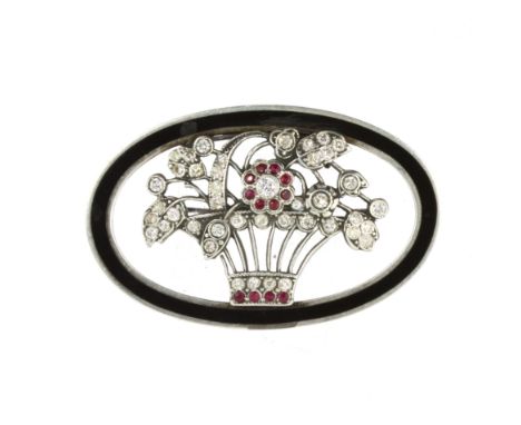 A RUBY AND DIAMOND FLOWER BASKET BROOCH, EARLY 20TH CENTURY designed as a basket of flowers jewelled with round cut rubies an