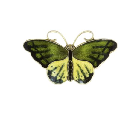 AN ENAMEL BUTTERFLY BROOCH, NORWEGIAN MID 20TH CENTURY designed as a butterfly, its body and wings decorated with green, yell