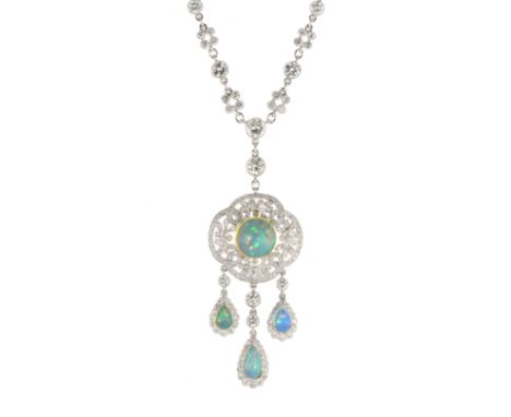 AN OPAL AND DIAMOND NECKLACE set with a large, circular cabochon opal within a floral diamond set surround, suspending three 